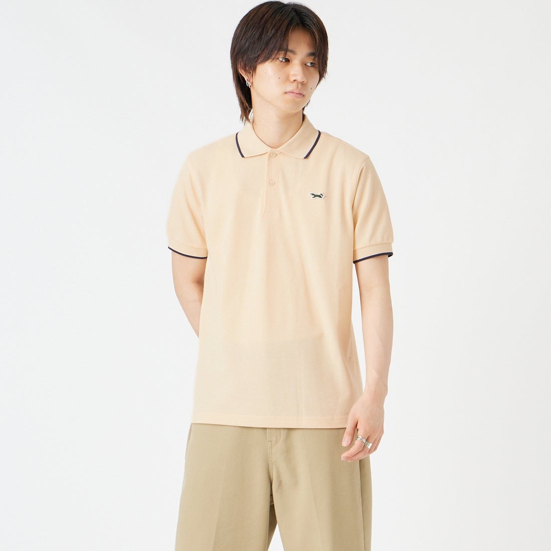 THE FOX [ザフォックス] 別注 ワンポイントロゴ ティップラインポロシャツ [JFU26SS-09-JF] ECRU &&モデル身長：177cm 着用サイズ：M&&