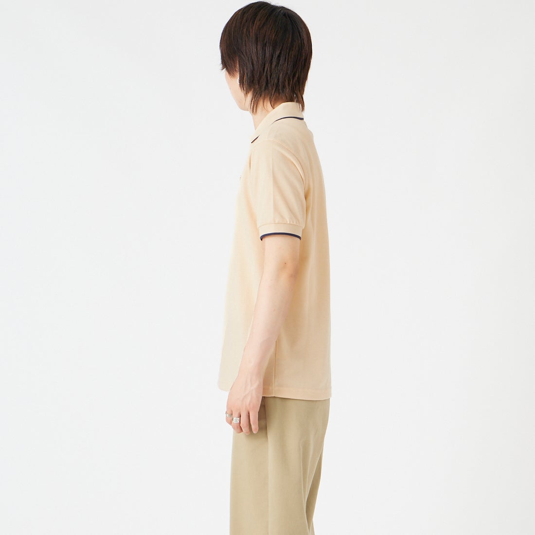 THE FOX [ザフォックス] 別注 ワンポイントロゴ ティップラインポロシャツ [JFU26SS-09-JF] ECRU &&モデル身長：177cm 着用サイズ：M&&