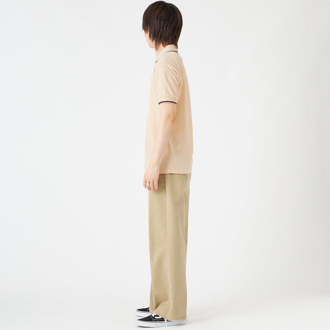 THE FOX [ザフォックス] 別注 ワンポイントロゴ ティップラインポロシャツ [JFU26SS-09-JF] ECRU &&モデル身長：177cm 着用サイズ：M&&