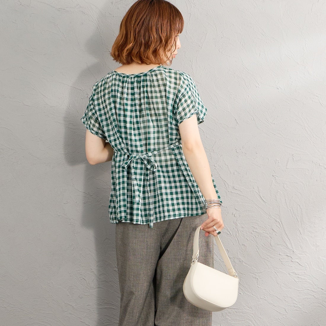 soil [ソイル] ファンシーギンガムチェック ギャザーパッチワークスモック [NSL26102] 4800 GREEN &&モデル身長：158cm 着用サイズ：1&&