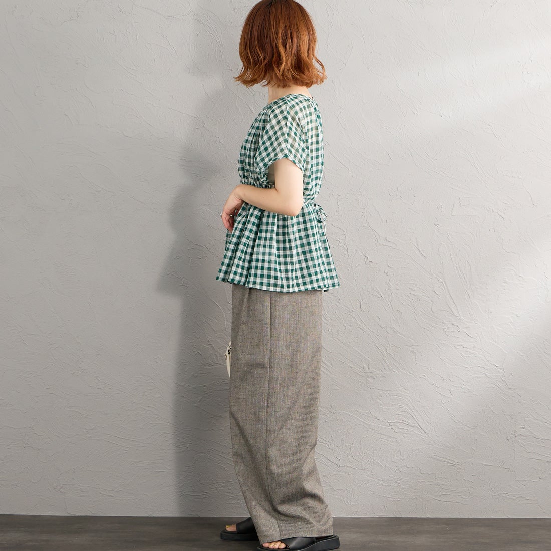 soil [ソイル] ファンシーギンガムチェック ギャザーパッチワークスモック [NSL26102] 4800 GREEN &&モデル身長：158cm 着用サイズ：1&&