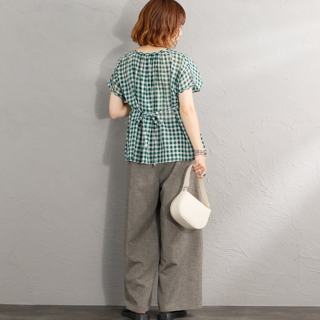 soil [ソイル] ファンシーギンガムチェック ギャザーパッチワークスモック [NSL26102] 4800 GREEN &&モデル身長：158cm 着用サイズ：1&&