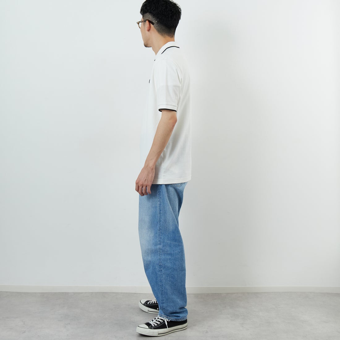 FRED PERRY [フレッドペリー] クレープピケポロシャツ [M2480] 129 SNOW W &&モデル身長：168cm 着用サイズ：M&&