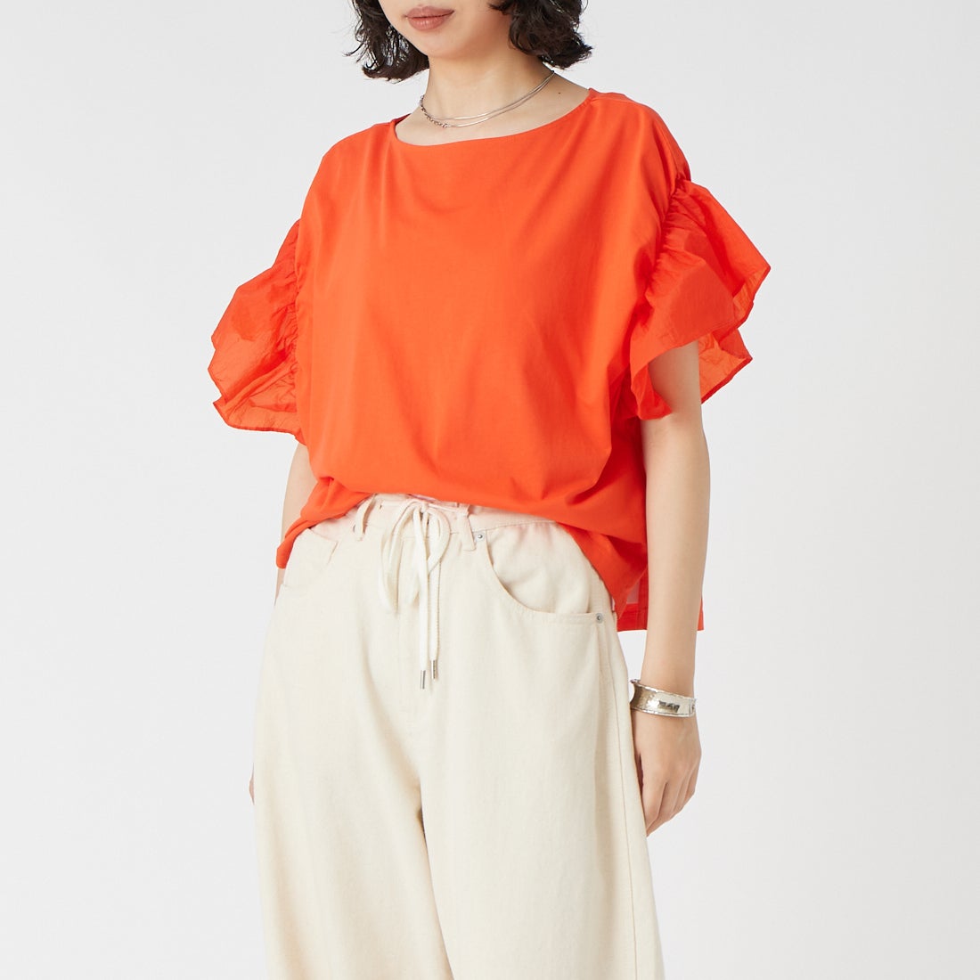 Jf Ready Made [ジェイエフレディメイド] コットンシルケット天竺 2WAY袖フリルTシャツ [736319] ｵﾚﾝｼﾞ &&モデル身長：162cm 着用サイズ：F&&