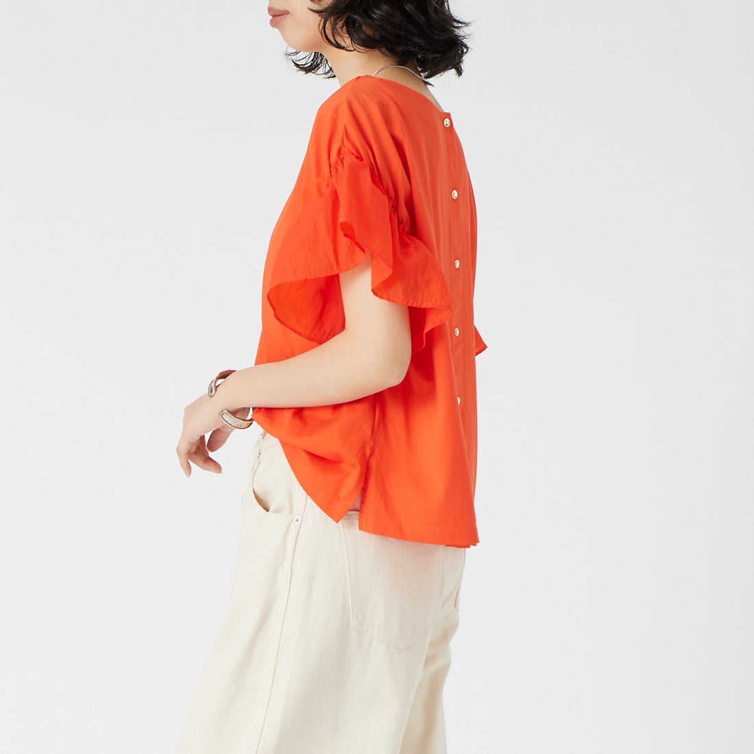 Jf Ready Made [ジェイエフレディメイド] コットンシルケット天竺 2WAY袖フリルTシャツ [736319] ｵﾚﾝｼﾞ &&モデル身長：162cm 着用サイズ：F&&