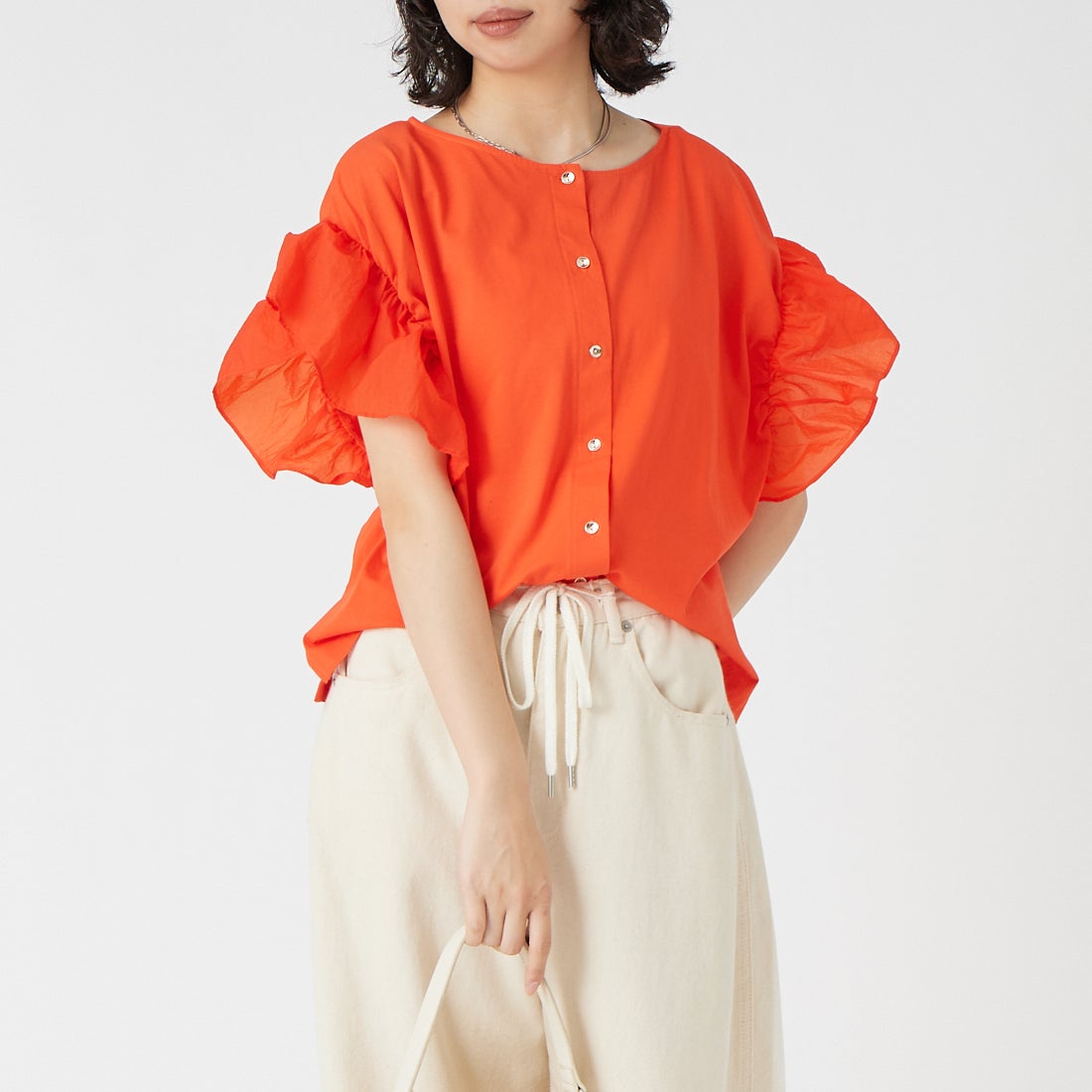 Jf Ready Made [ジェイエフレディメイド] コットンシルケット天竺 2WAY袖フリルTシャツ [736319] ｵﾚﾝｼﾞ &&モデル身長：162cm 着用サイズ：F&&