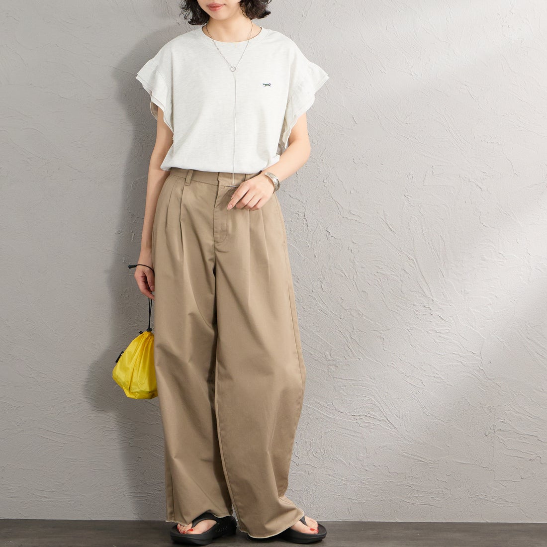 THE FOX [ザフォックス] 別注 ワンポイントロゴ 袖フリルカットソー [JFL26SS-08-JF] ASH &&モデル身長：162cm 着用サイズ：F&&