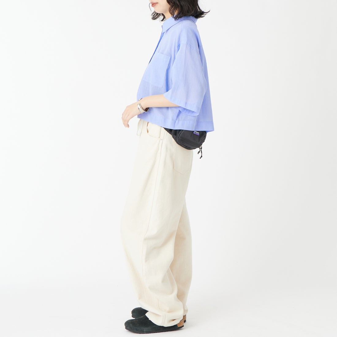 USINE [ユジーヌ] ショートスリーブシアー短丈シャツ [IN12-SH-6] 15 SAX &&モデル身長：162cm 着用サイズ：F&&
