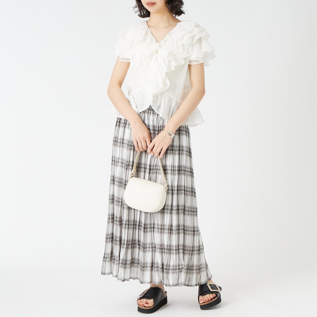 Jf Ready Made [ジェイエフレディメイド] シアーオンブレチェックスカート [756324] 01 ﾎﾜｲﾄ &&モデル身長：162cm 着用サイズ：F&&