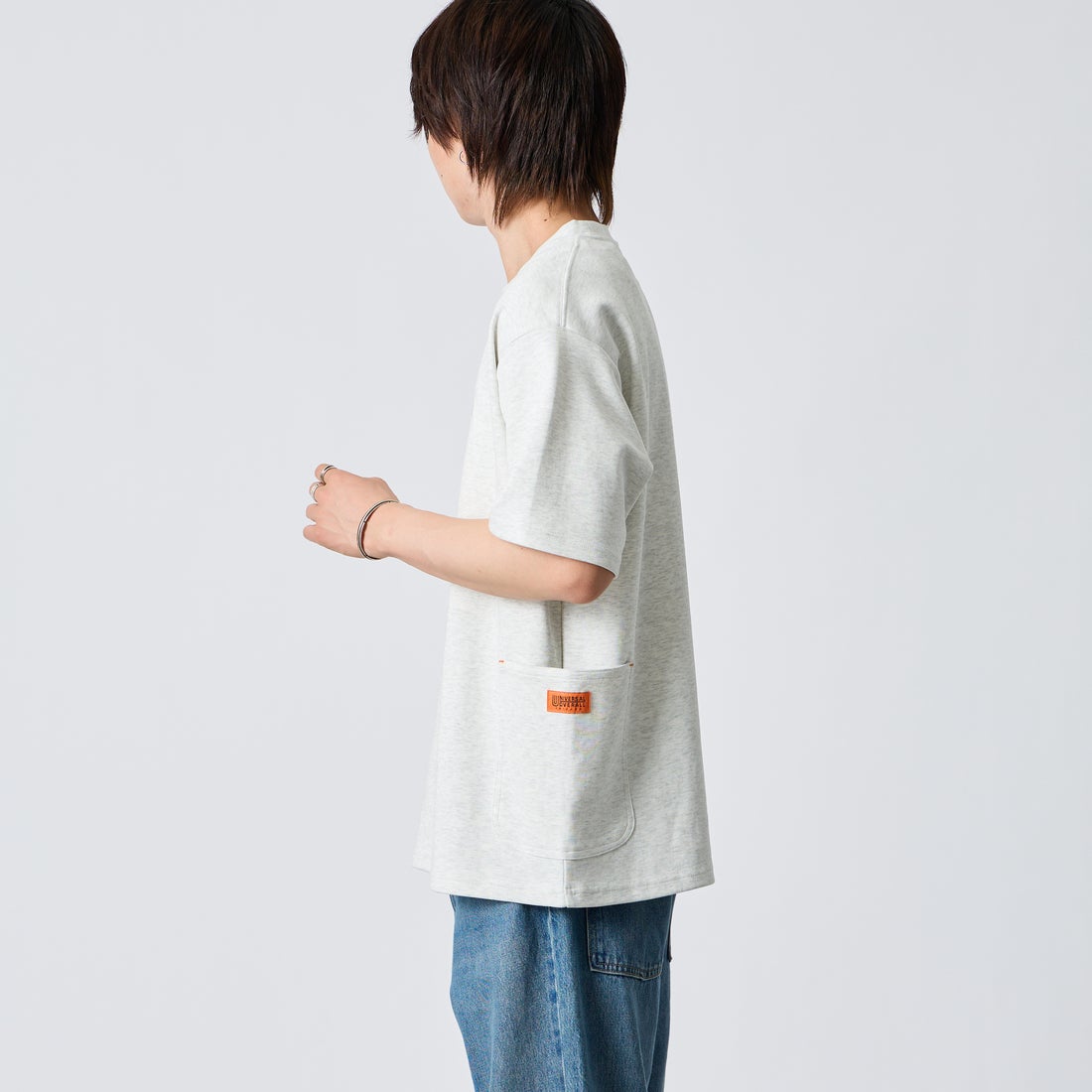 UNIVERSAL OVERALL [ユニバーサルオーバーオール] 別注 ポンチカバーオールTシャツ [U2611279IN-JF] ASH &&モデル身長：177cm 着用サイズ：M&&