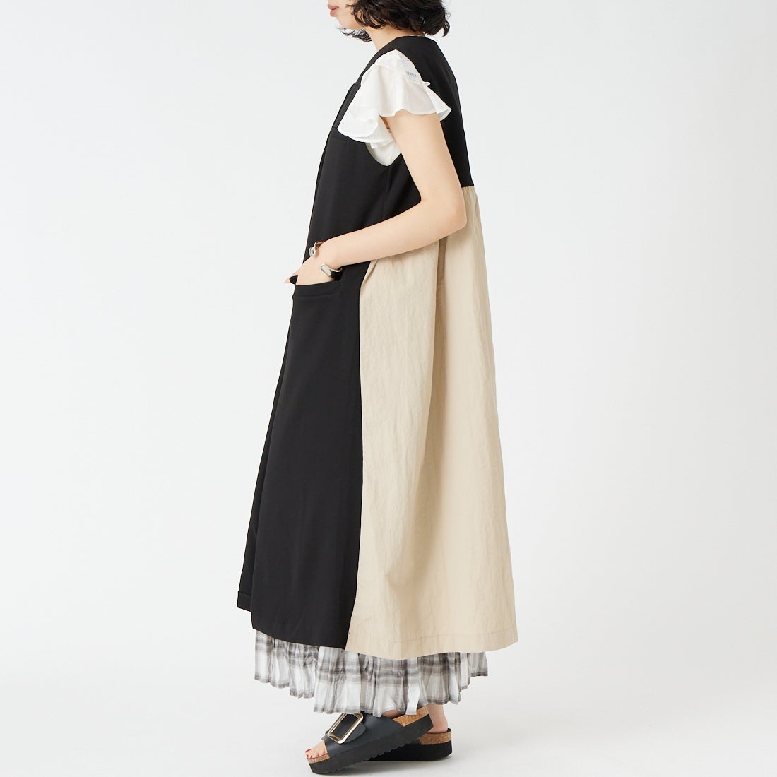 Jf Ready Made [ジェイエフレディメイド] 異素材ドッキングジャンスカ [980-25100] ﾌﾞﾗｯｸ/ﾍﾞｰｼ &&モデル身長：162cm 着用サイズ：F&&