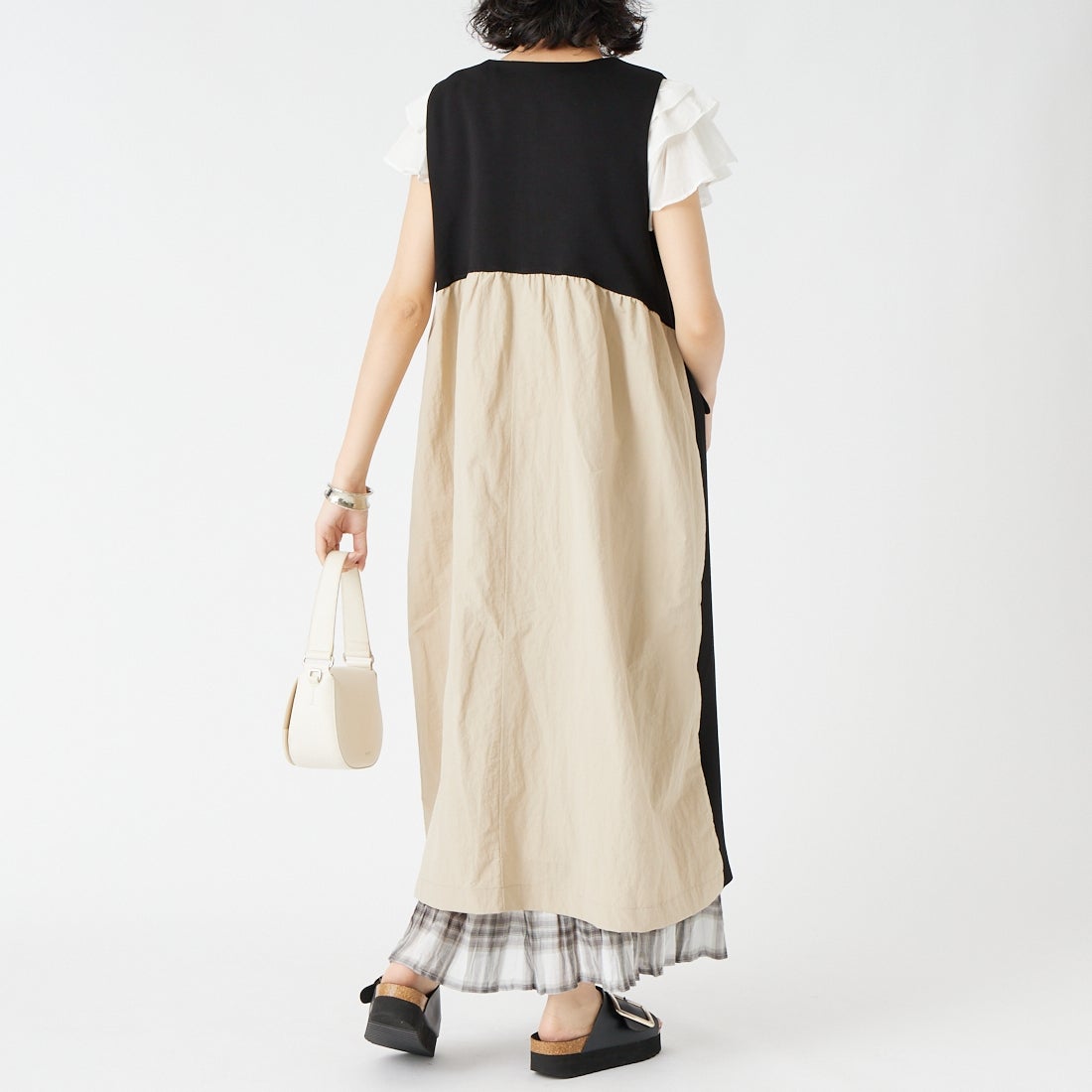 Jf Ready Made [ジェイエフレディメイド] 異素材ドッキングジャンスカ [980-25100] ﾌﾞﾗｯｸ/ﾍﾞｰｼ &&モデル身長：162cm 着用サイズ：F&&
