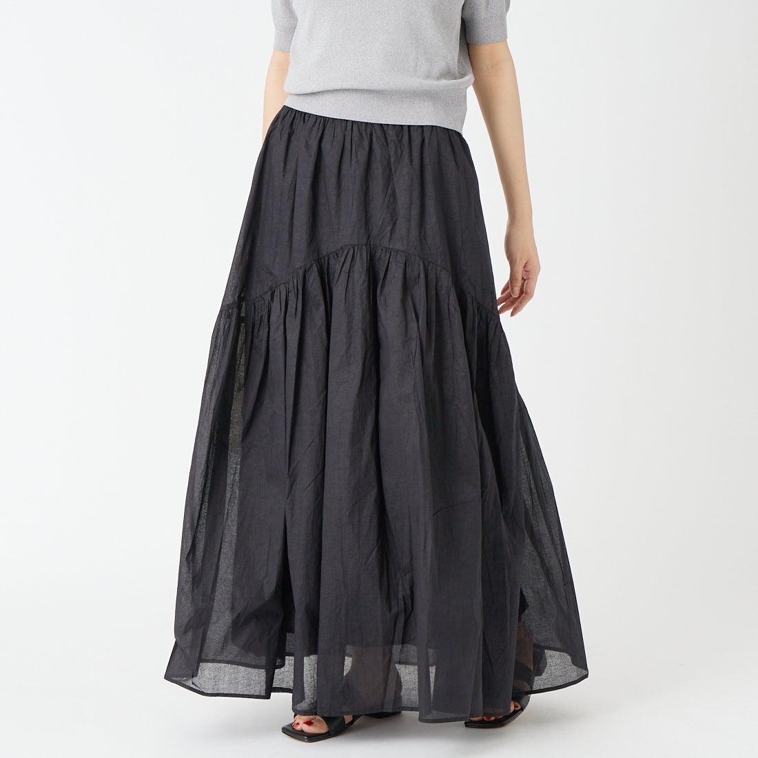 Jeans Factory Clothes [ジーンズファクトリークローズ] コットンオーガンジーギャザースカート [25651-MN] BLACK &&モデル身長：162cm 着用サイズ：F&&
