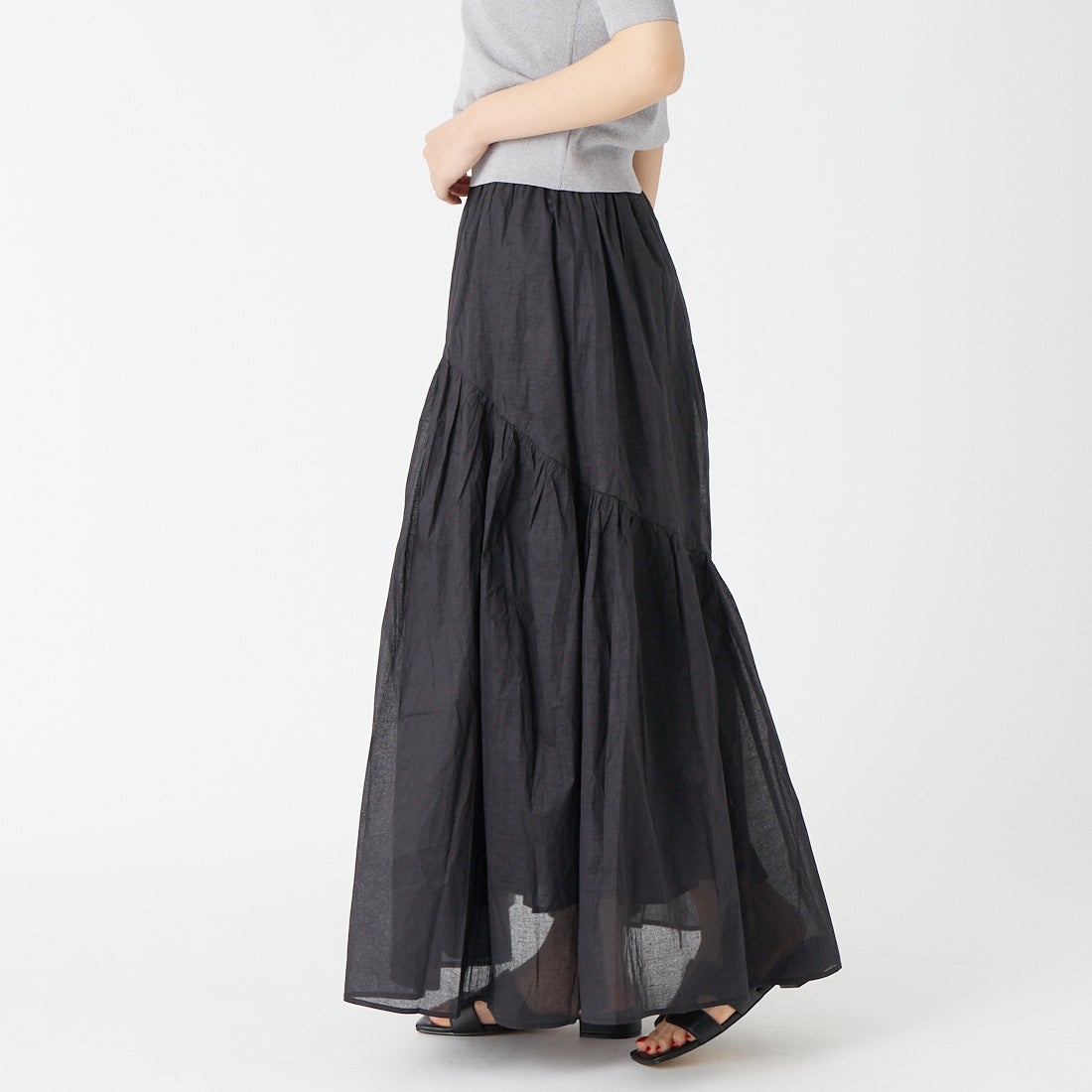 Jeans Factory Clothes [ジーンズファクトリークローズ] コットンオーガンジーギャザースカート [25651-MN] BLACK &&モデル身長：162cm 着用サイズ：F&&