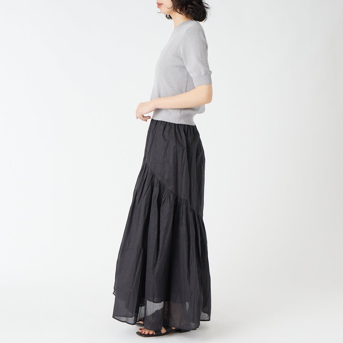 Jeans Factory Clothes [ジーンズファクトリークローズ] コットンオーガンジーギャザースカート [25651-MN] BLACK &&モデル身長：162cm 着用サイズ：F&&