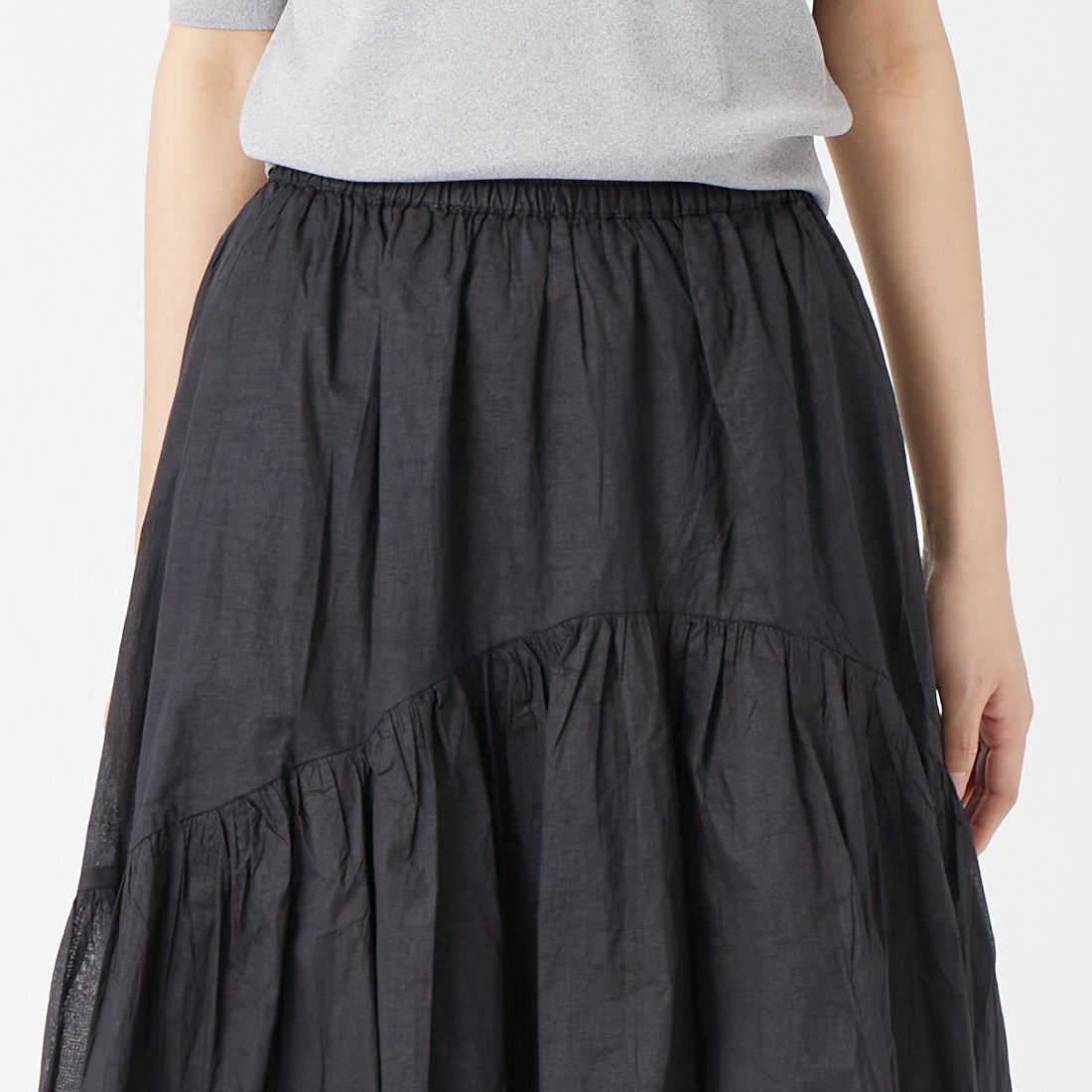 Jeans Factory Clothes [ジーンズファクトリークローズ] コットンオーガンジーギャザースカート [25651-MN] BLACK &&モデル身長：162cm 着用サイズ：F&&