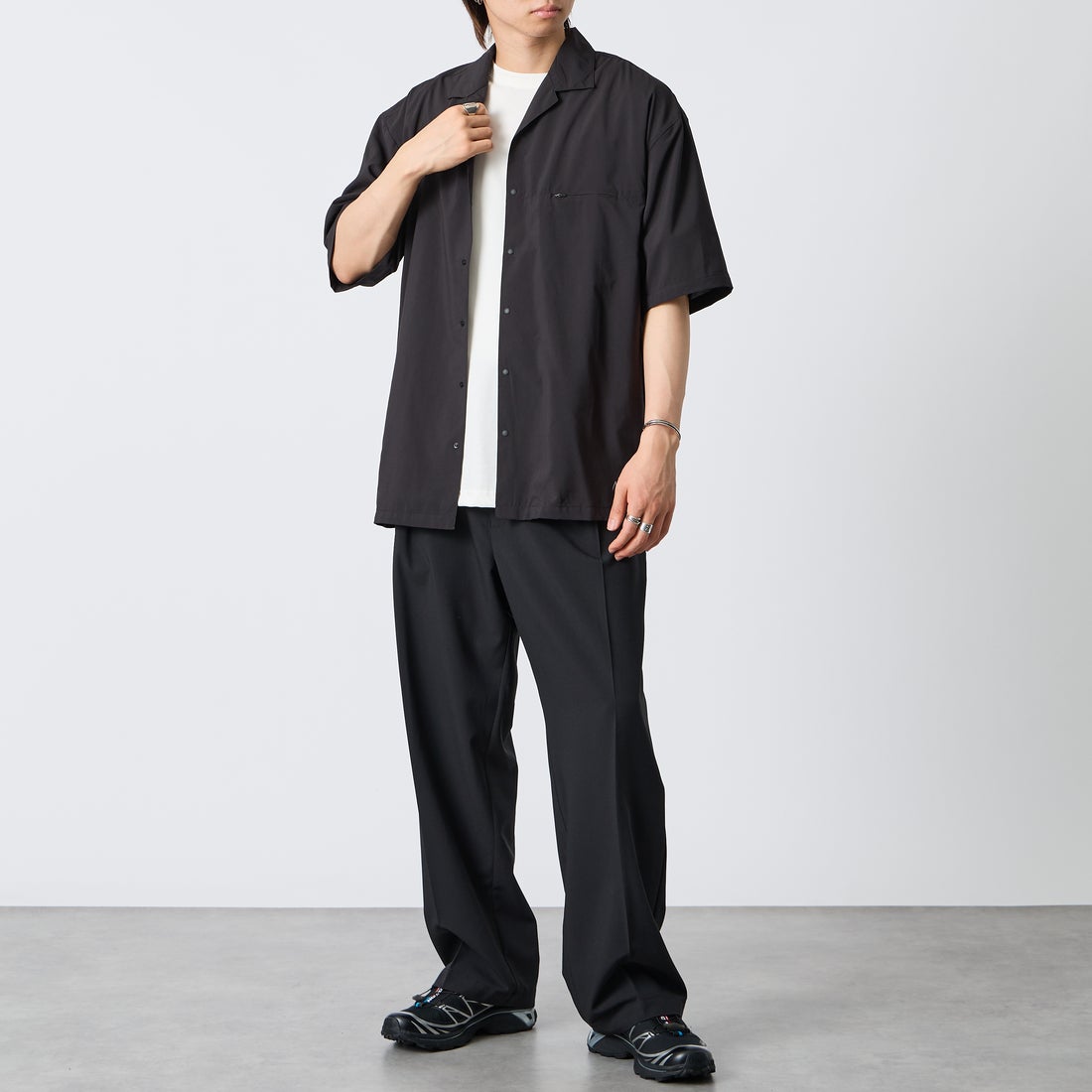 NANGA [ナンガ] PLC エクスカーション ショートスリーブシャツ [N2610-1J120A] BLK &&モデル身長：177cm 着用サイズ：L&&