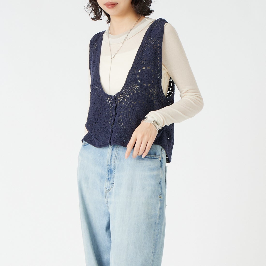Jeans Factory Clothes [ジーンズファクトリークローズ] クロシェレースベスト [12636-PF] NAVY &&モデル身長：162cm 着用サイズ：F&&