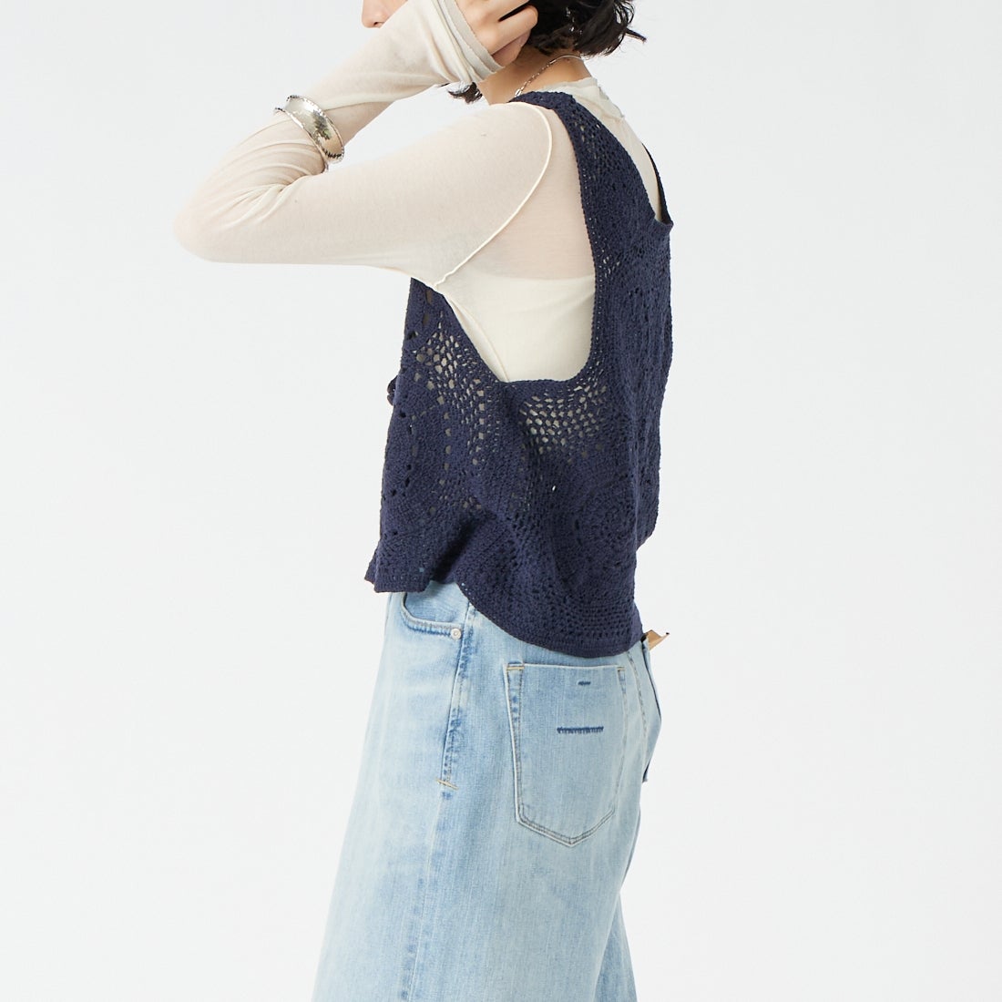 Jeans Factory Clothes [ジーンズファクトリークローズ] クロシェレースベスト [12636-PF] NAVY &&モデル身長：162cm 着用サイズ：F&&