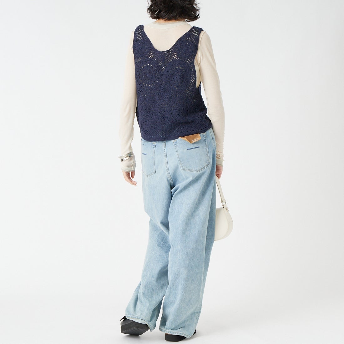 Jeans Factory Clothes [ジーンズファクトリークローズ] クロシェレースベスト [12636-PF] NAVY &&モデル身長：162cm 着用サイズ：F&&
