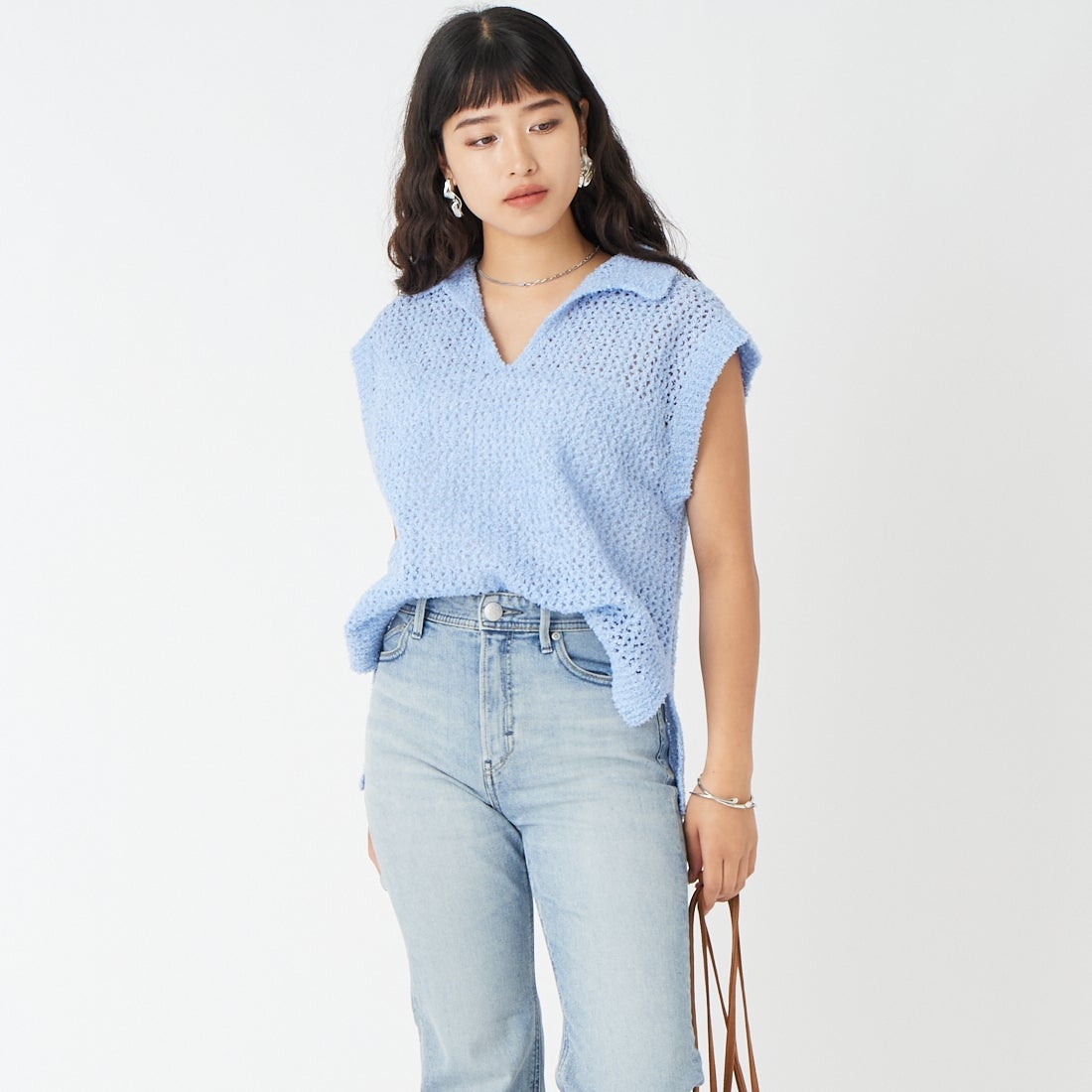 Jeans Factory Clothes [ジーンズファクトリークローズ] メッシュポロニット [11267815] 072 ｻｯｸｽ &&モデル身長：162cm 着用サイズ：F&&