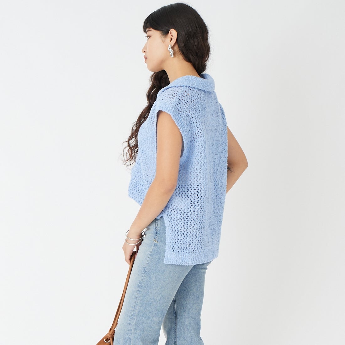 Jeans Factory Clothes [ジーンズファクトリークローズ] メッシュポロニット [11267815] 072 ｻｯｸｽ &&モデル身長：162cm 着用サイズ：F&&