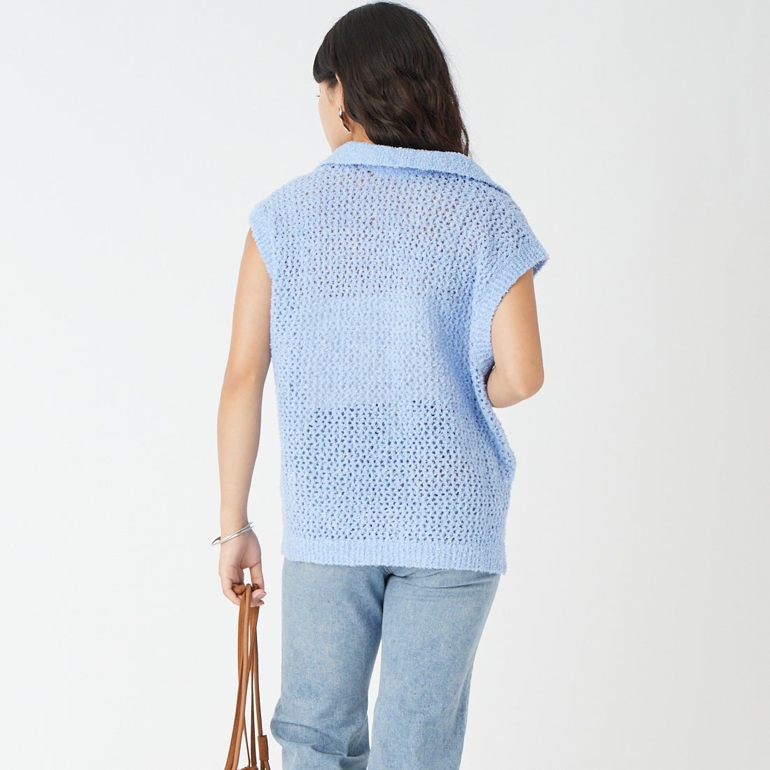 Jeans Factory Clothes [ジーンズファクトリークローズ] メッシュポロニット [11267815] 072 ｻｯｸｽ &&モデル身長：162cm 着用サイズ：F&&