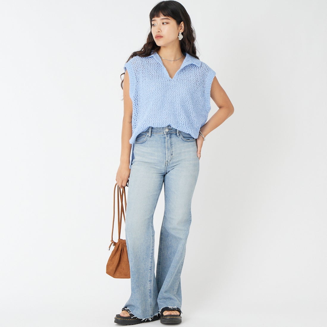 Jeans Factory Clothes [ジーンズファクトリークローズ] メッシュポロニット [11267815] 072 ｻｯｸｽ &&モデル身長：162cm 着用サイズ：F&&