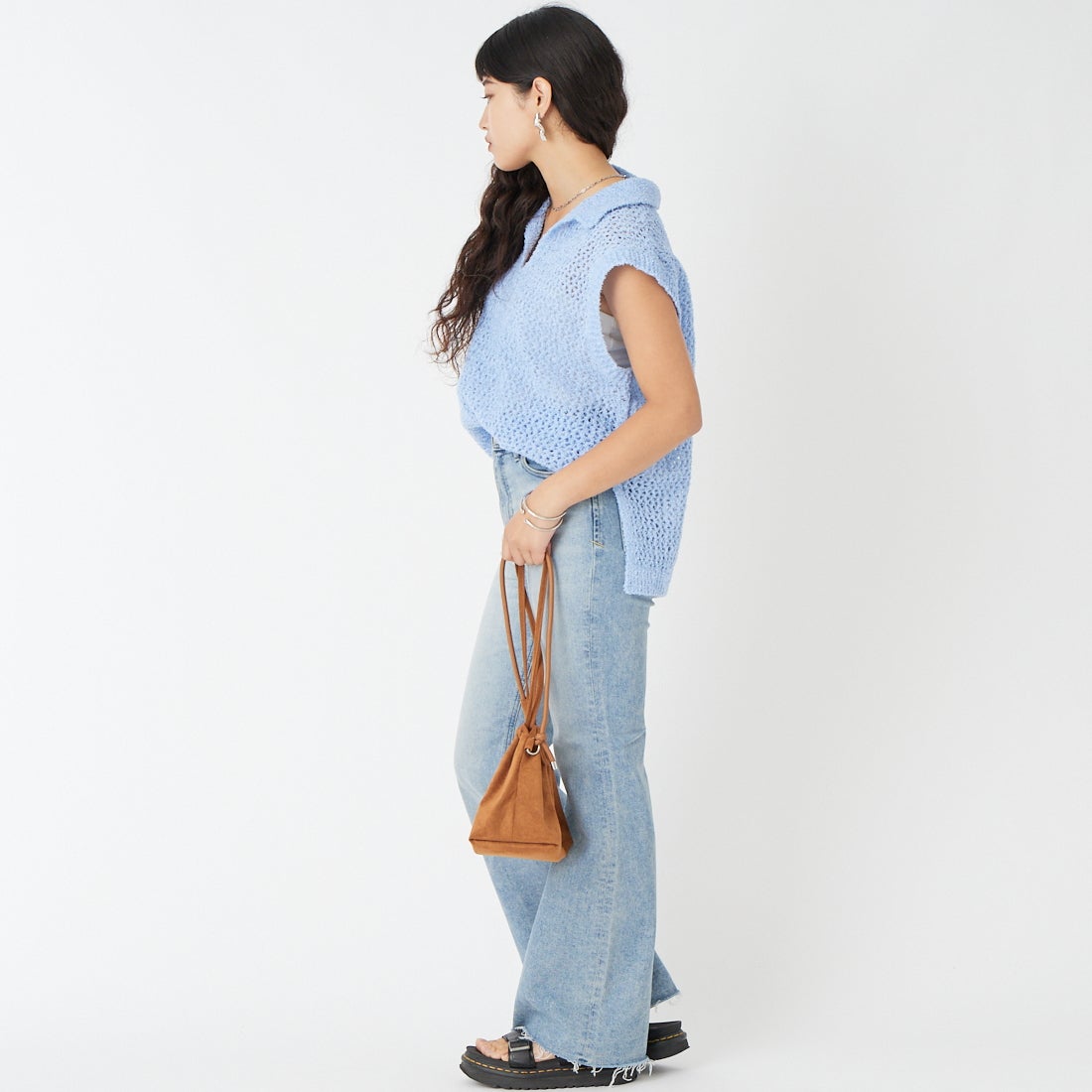 Jeans Factory Clothes [ジーンズファクトリークローズ] メッシュポロニット [11267815] 072 ｻｯｸｽ &&モデル身長：162cm 着用サイズ：F&&