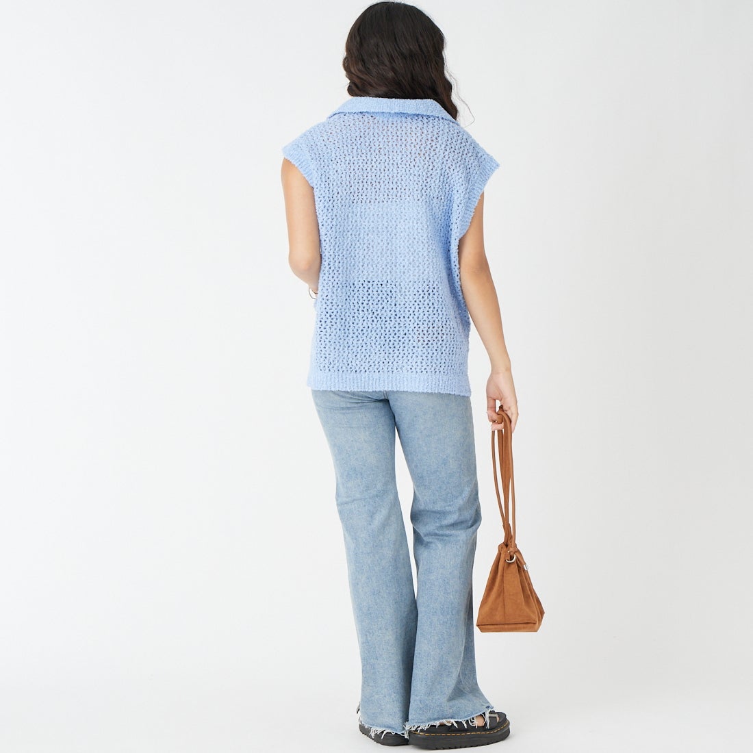 Jeans Factory Clothes [ジーンズファクトリークローズ] メッシュポロニット [11267815] 072 ｻｯｸｽ &&モデル身長：162cm 着用サイズ：F&&