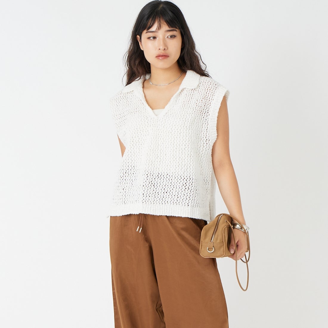 Jeans Factory Clothes [ジーンズファクトリークローズ] メッシュポロニット [11267815] 031 ｵﾌ &&モデル身長：162cm 着用サイズ：F&&
