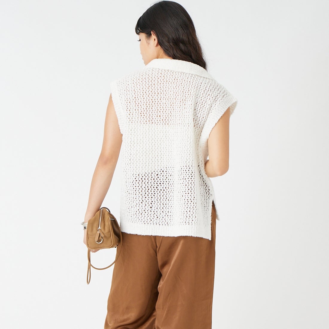 Jeans Factory Clothes [ジーンズファクトリークローズ] メッシュポロニット [11267815] 031 ｵﾌ &&モデル身長：162cm 着用サイズ：F&&