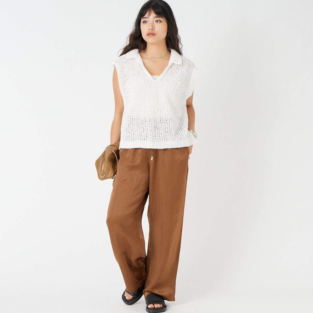 Jeans Factory Clothes [ジーンズファクトリークローズ] メッシュポロニット [11267815] 031 ｵﾌ &&モデル身長：162cm 着用サイズ：F&&