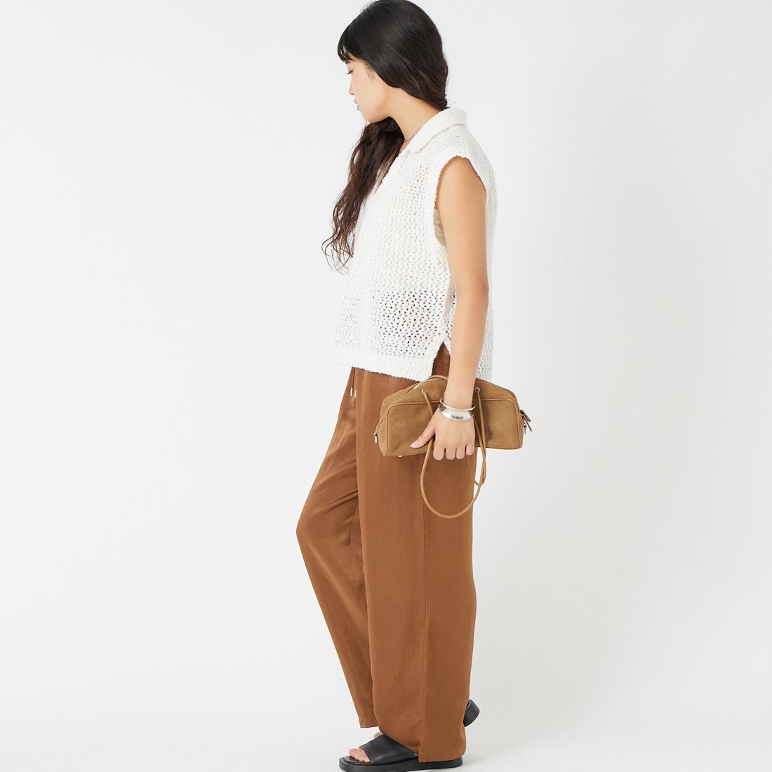Jeans Factory Clothes [ジーンズファクトリークローズ] メッシュポロニット [11267815] 031 ｵﾌ &&モデル身長：162cm 着用サイズ：F&&