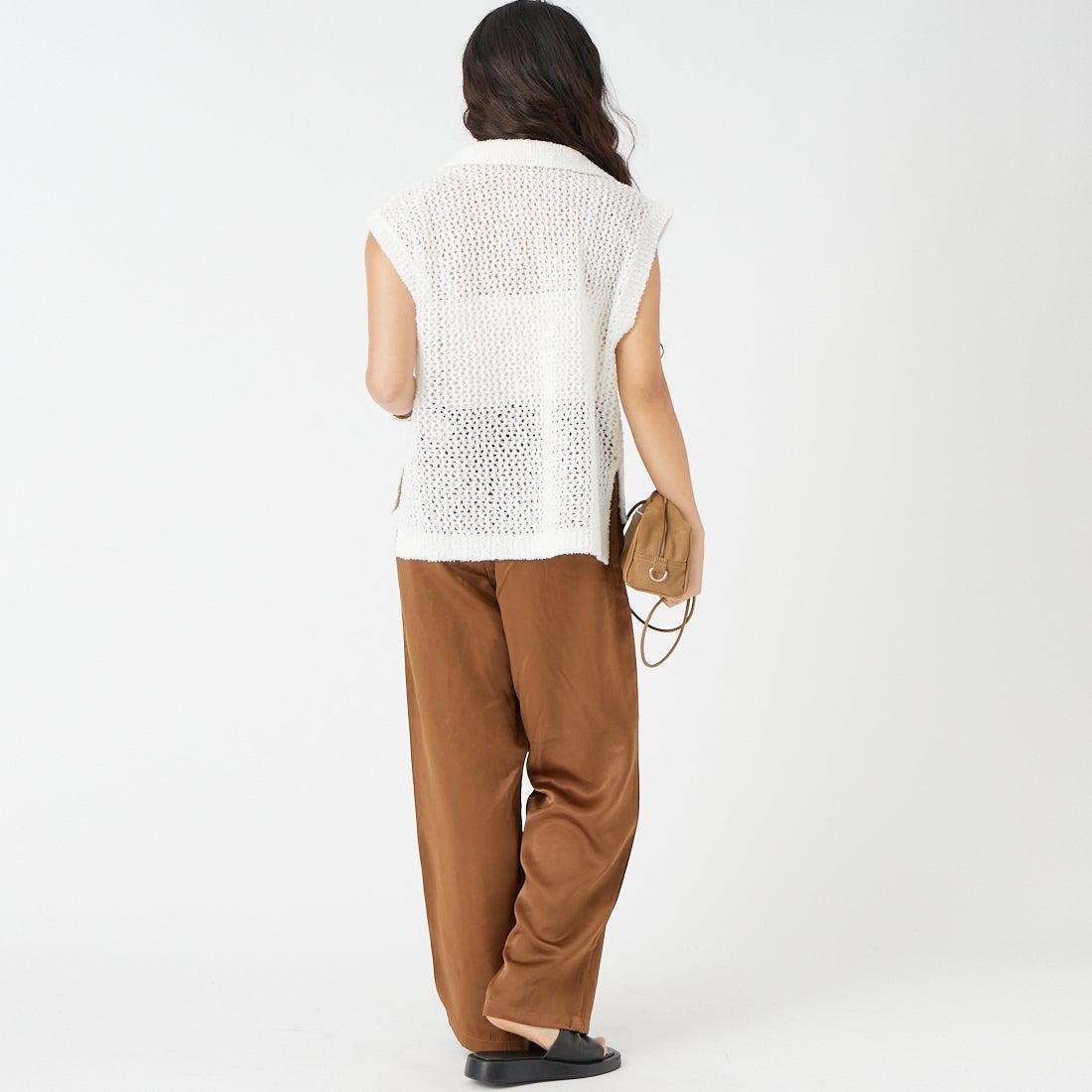 Jeans Factory Clothes [ジーンズファクトリークローズ] メッシュポロニット [11267815] 031 ｵﾌ &&モデル身長：162cm 着用サイズ：F&&