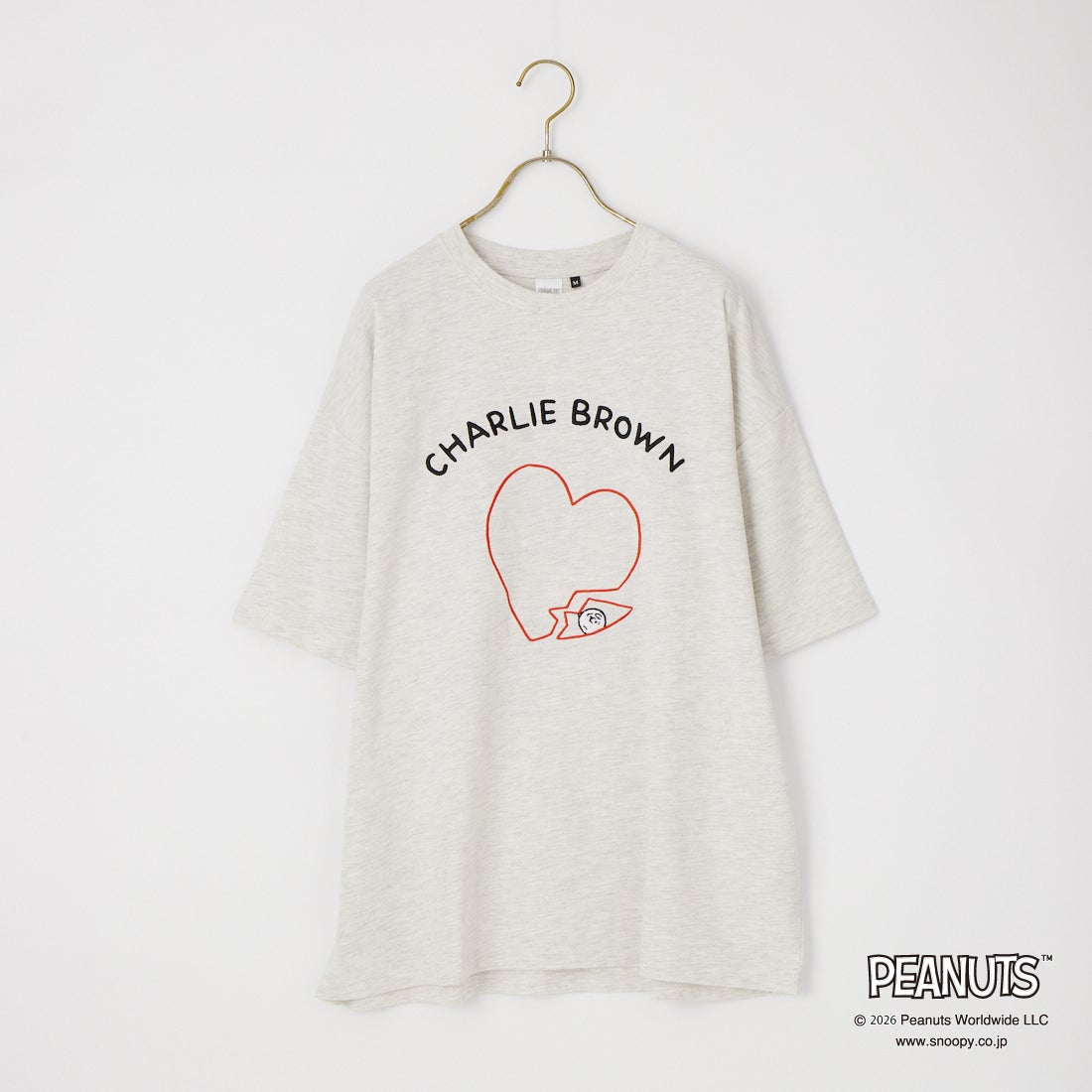 PEANUTS × JEANS FACTORY [ピーナッツ × ジーンズファクトリー] チャーリー・ブラウン / ハート刺繍プリントTシャツ [JFC-262-047] ASH