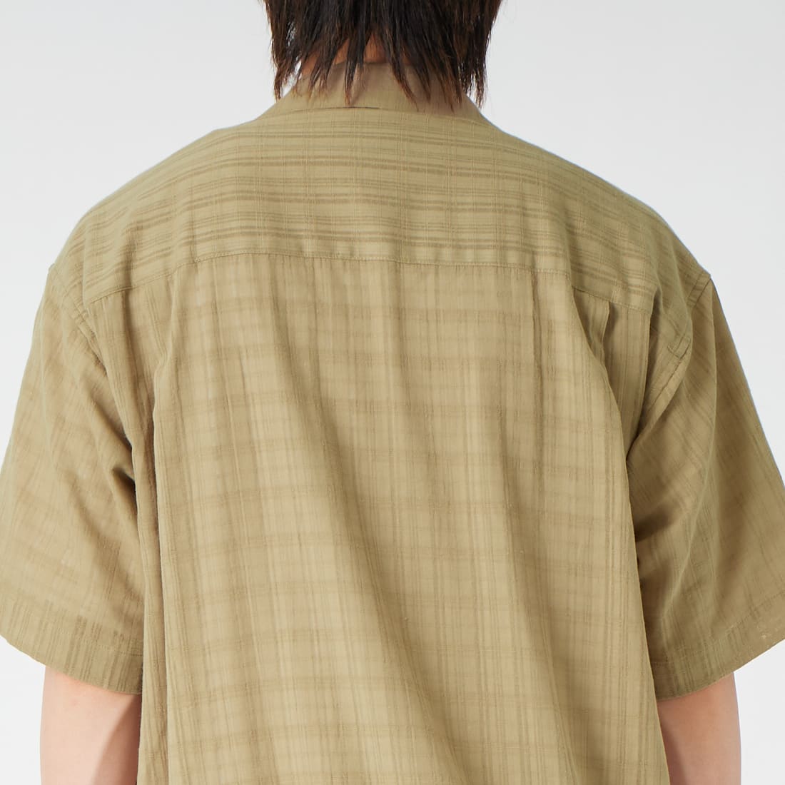 Jeans Factory Clothes [ジーンズファクトリークローズ] シアーエラスティックヘムオープンカラーシャツ [JFC-262-044] BEIGE &&モデル身長：177cm 着用サイズ：L&&