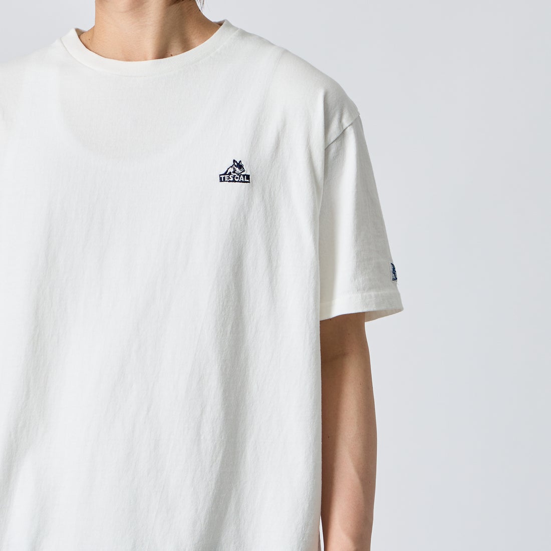 The Endless Summer [エンドレスサマー] 別注 TES CAL ワンポイントロゴ刺繍バックプリントTシャツ [FH-26574503-JF] WHITE &&モデル身長：177cm 着用サイズ：XL&&