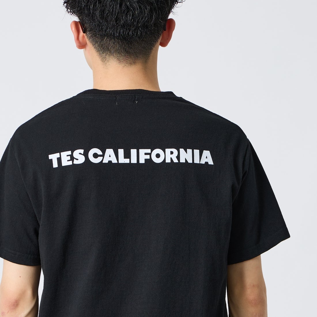 The Endless Summer [エンドレスサマー] 別注 TES CAL ワンポイントロゴ刺繍バックプリントTシャツ [FH-26574503-JF] BLACK &&モデル身長：168cm 着用サイズ：M&&