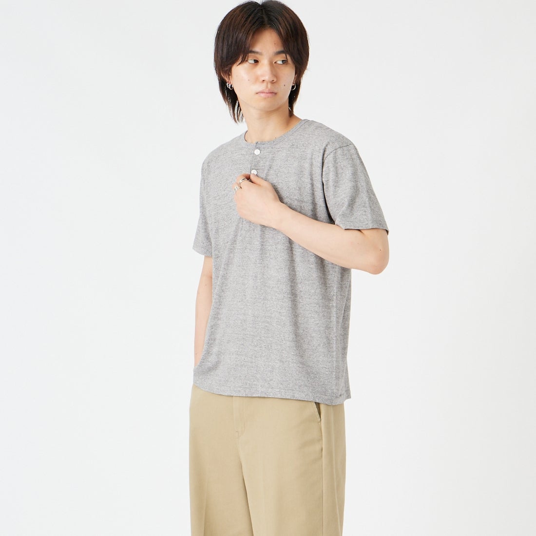 Health knit [ヘルスニット] トンプキンス ヘンリーネックショートスリーブTシャツ [212] H.GRAY &&モデル身長：177cm 着用サイズ：M&&