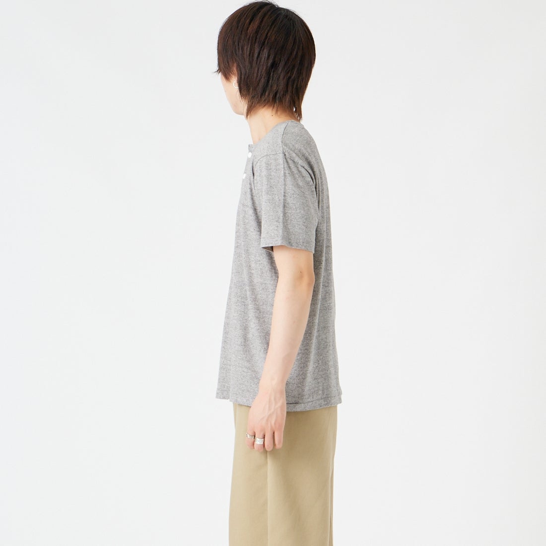Health knit [ヘルスニット] トンプキンス ヘンリーネックショートスリーブTシャツ [212] H.GRAY &&モデル身長：177cm 着用サイズ：M&&