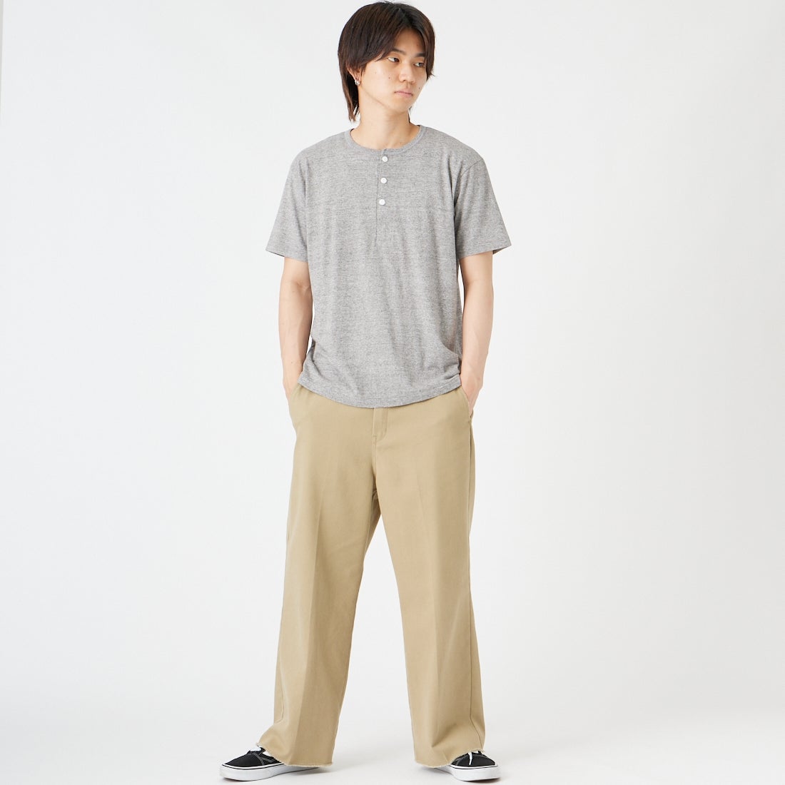 Health knit [ヘルスニット] トンプキンス ヘンリーネックショートスリーブTシャツ [212] H.GRAY &&モデル身長：177cm 着用サイズ：M&&