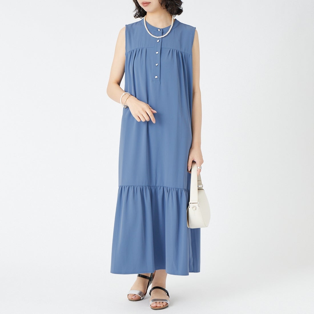Jf Ready Made [ジェイエフレディメイド] ダブルクロスヘンリー切替ワンピース [4126164] ﾌﾞﾙｰ &&モデル身長：162cm 着用サイズ：F&&