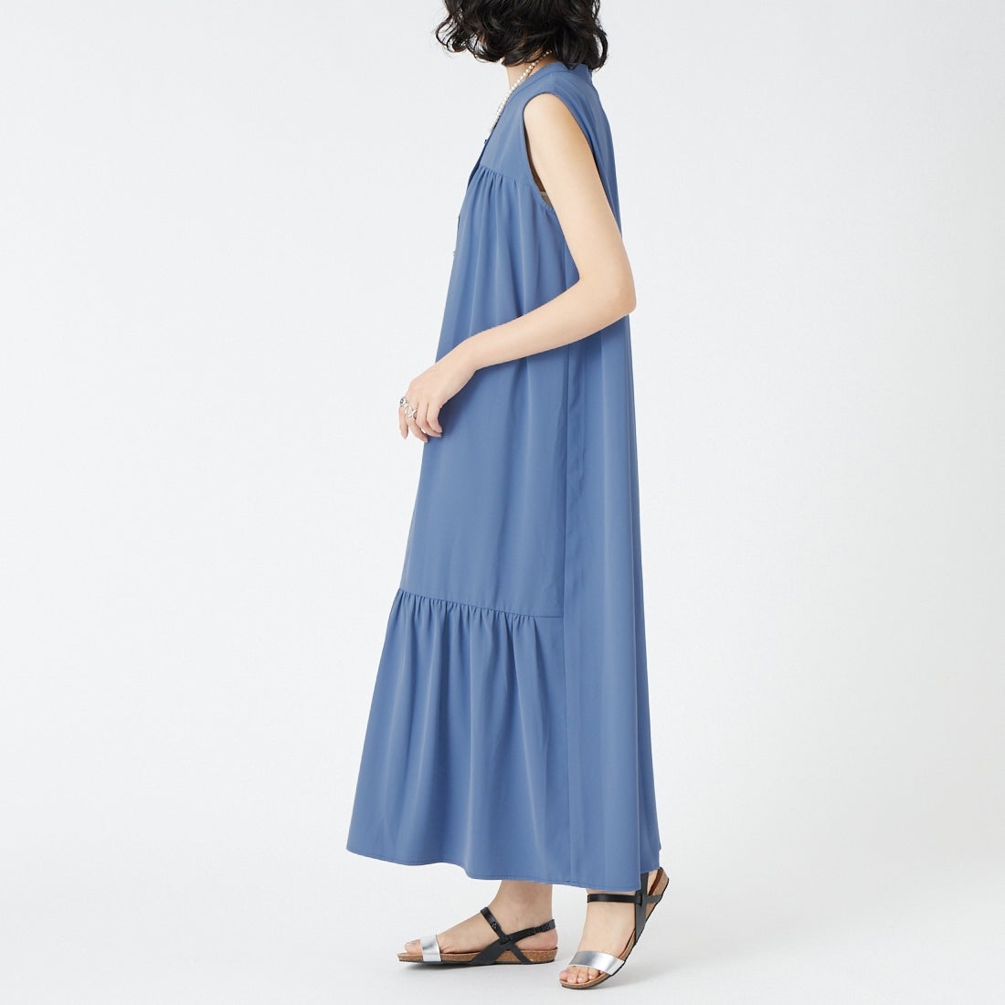 Jf Ready Made [ジェイエフレディメイド] ダブルクロスヘンリー切替ワンピース [4126164] ﾌﾞﾙｰ &&モデル身長：162cm 着用サイズ：F&&