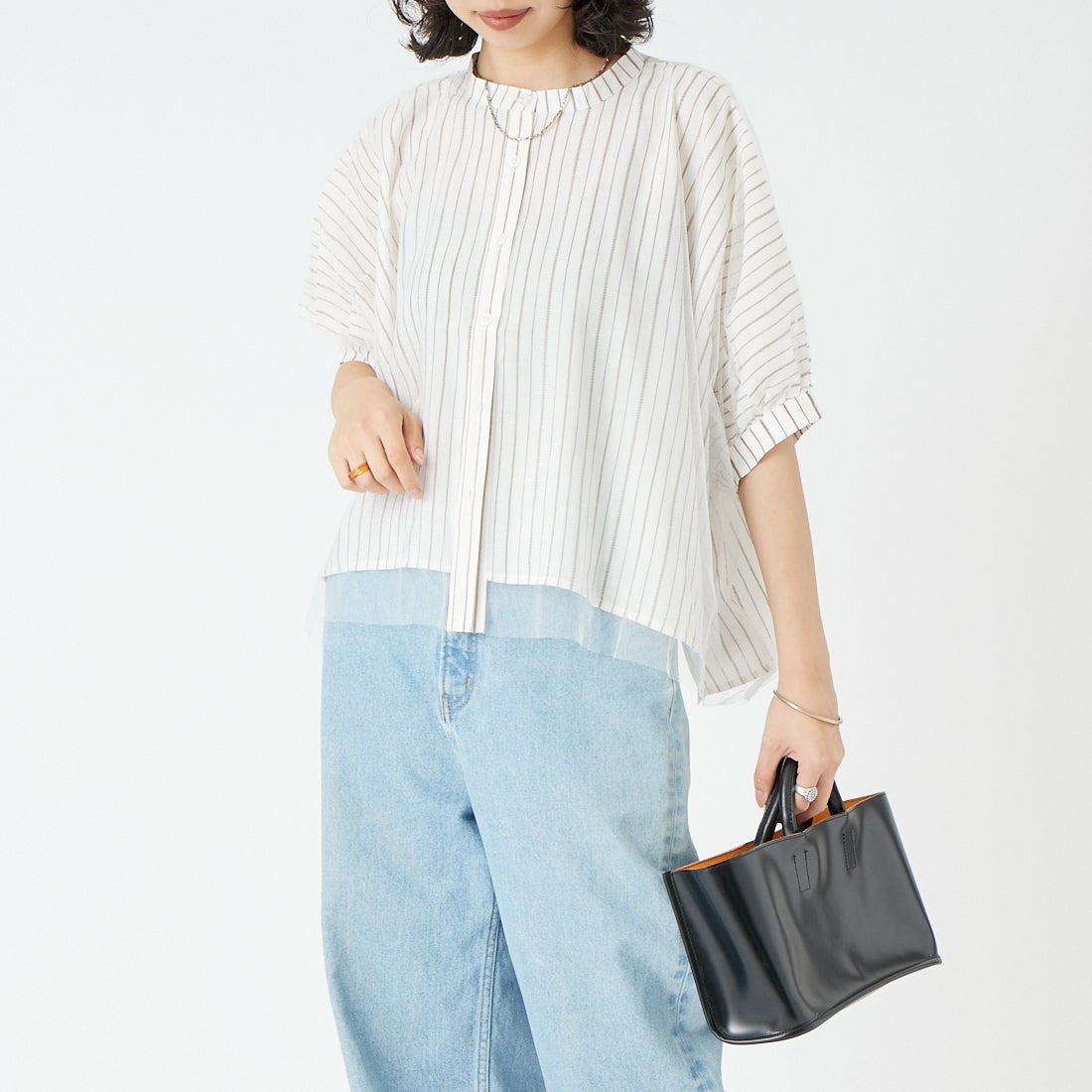 Jf Ready Made [ジェイエフレディメイド] チュールレイヤーショートシャツ [293-35120] ｵﾌｽﾄﾗｲﾌﾟ/ｵ &&モデル身長：162cm 着用サイズ：F&&