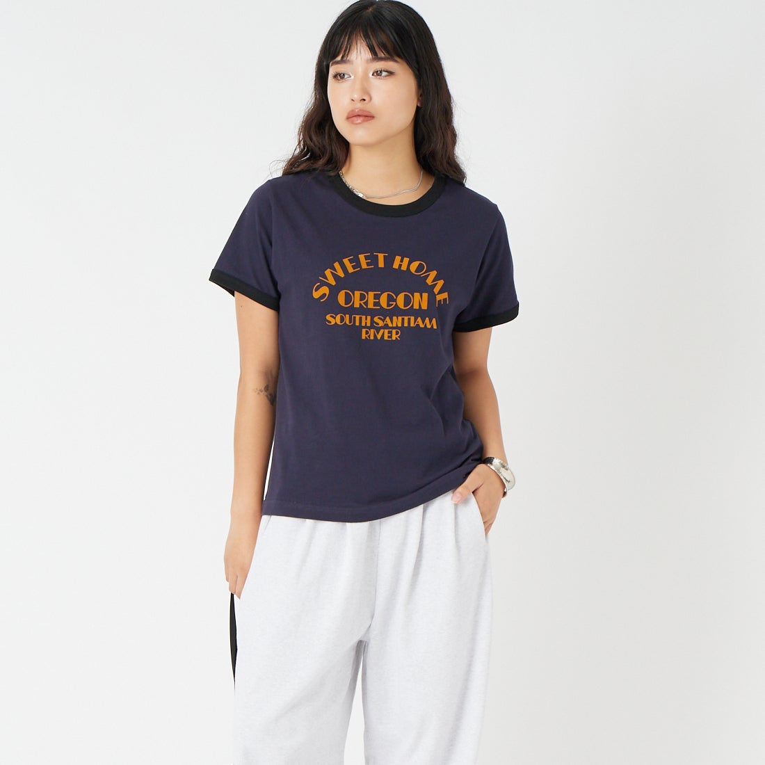SCREEN STARS [スクリーンスターズ] 別注 プリントリンガーTシャツ [2622-232IN-JF] NAVY &&モデル身長：162cm 着用サイズ：F&&