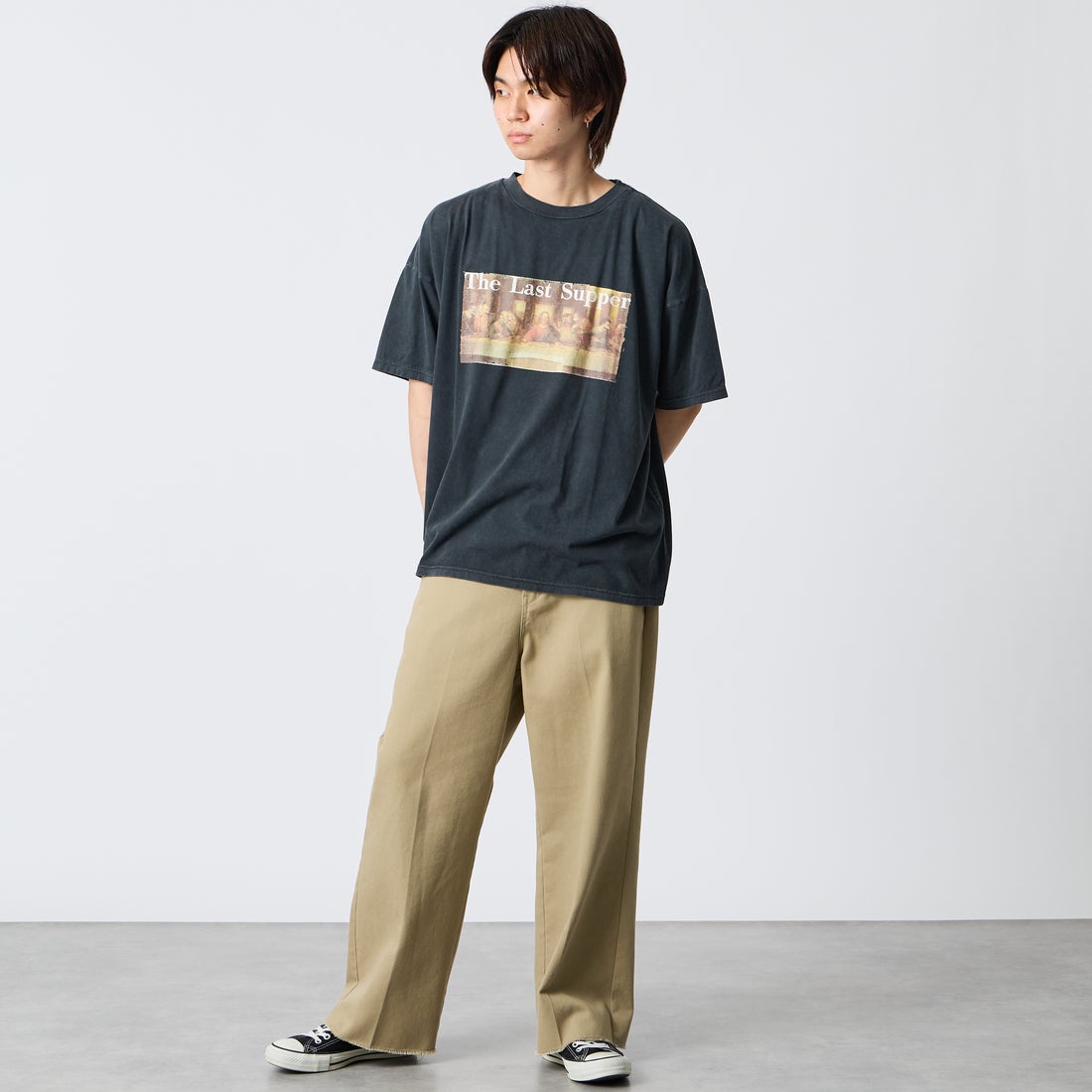 REMI RELIEF [レミレリーフ] 別注 SP加工ビッグプリントTシャツ THE LAST SUPPER [RN30389155-JF] BLACK &&モデル身長：177cm 着用サイズ：S&&