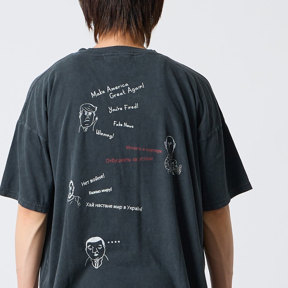 REMI RELIEF [レミレリーフ] 別注 SP加工ビッグプリントTシャツ RANDOM PRINT [RN30389197-JF] BLACK &&モデル身長：177cm 着用サイズ：S&&