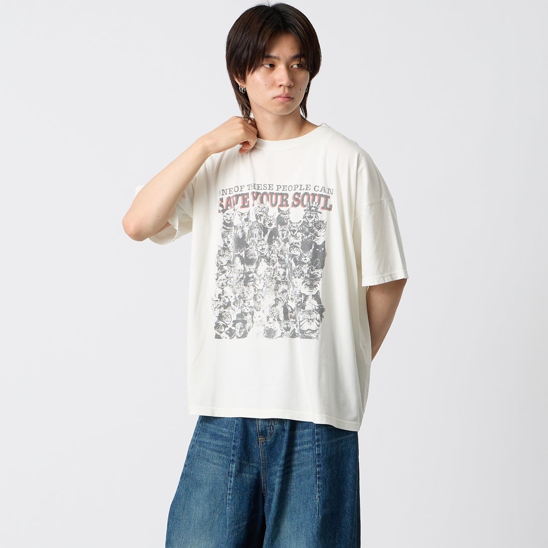 REMI RELIEF [レミレリーフ] 別注 SP加工ビッグプリントTシャツ SAVE YOUR SOUL [RN30389151-JF] OFF WHITE &&モデル身長：177cm 着用サイズ：S&&