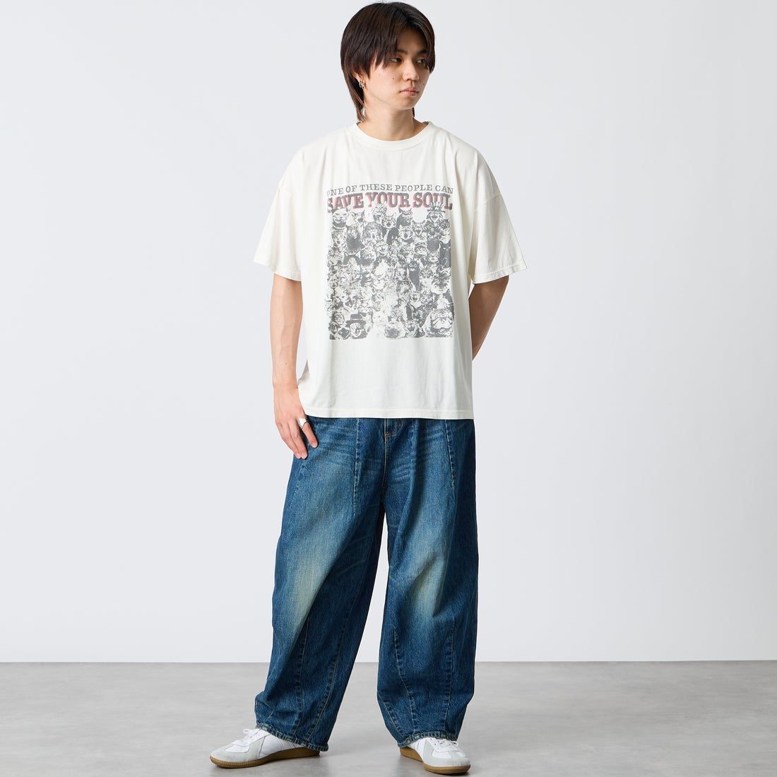 REMI RELIEF [レミレリーフ] 別注 SP加工ビッグプリントTシャツ SAVE YOUR SOUL [RN30389151-JF] OFF WHITE &&モデル身長：177cm 着用サイズ：S&&